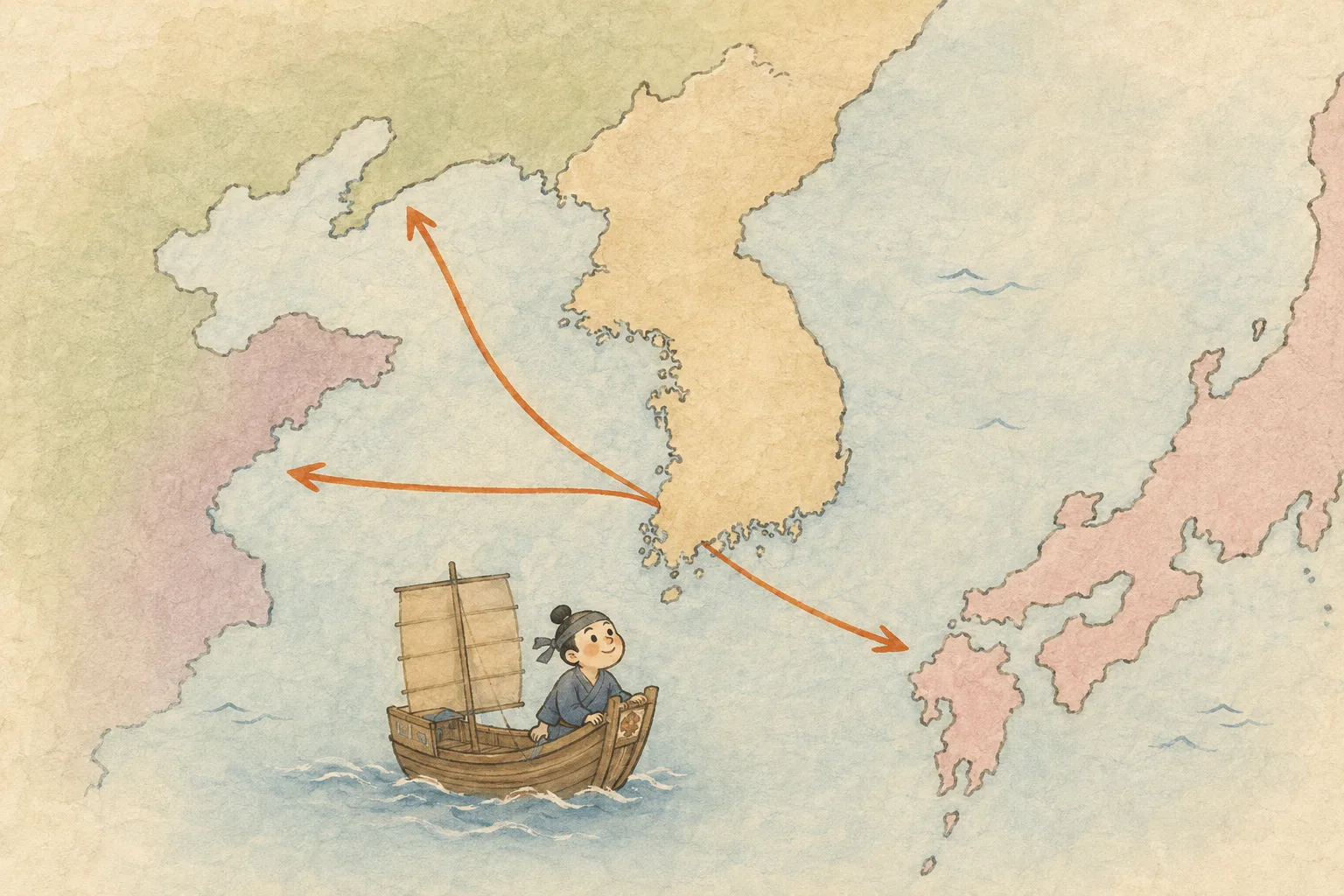 A simplified map with three persimmon arrows from Baekje reaching to Liaoxi, the Shandong peninsula, and Kyushu, and a single Baekje sailor on a boat setting off