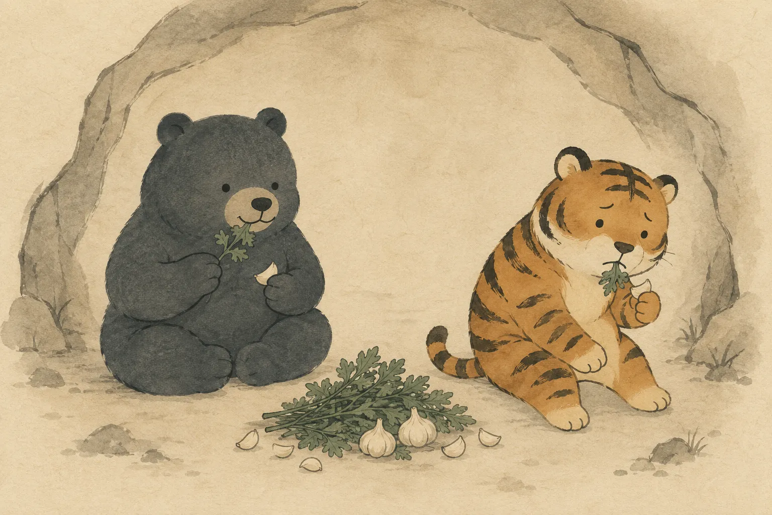 Illustration of a bear and a tiger eating mugwort and garlic in the cave