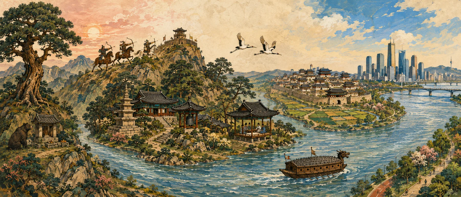 Korean history as one continuous painted landscape flowing left to right from a mythic mountain origin to present-day Seoul along a single river