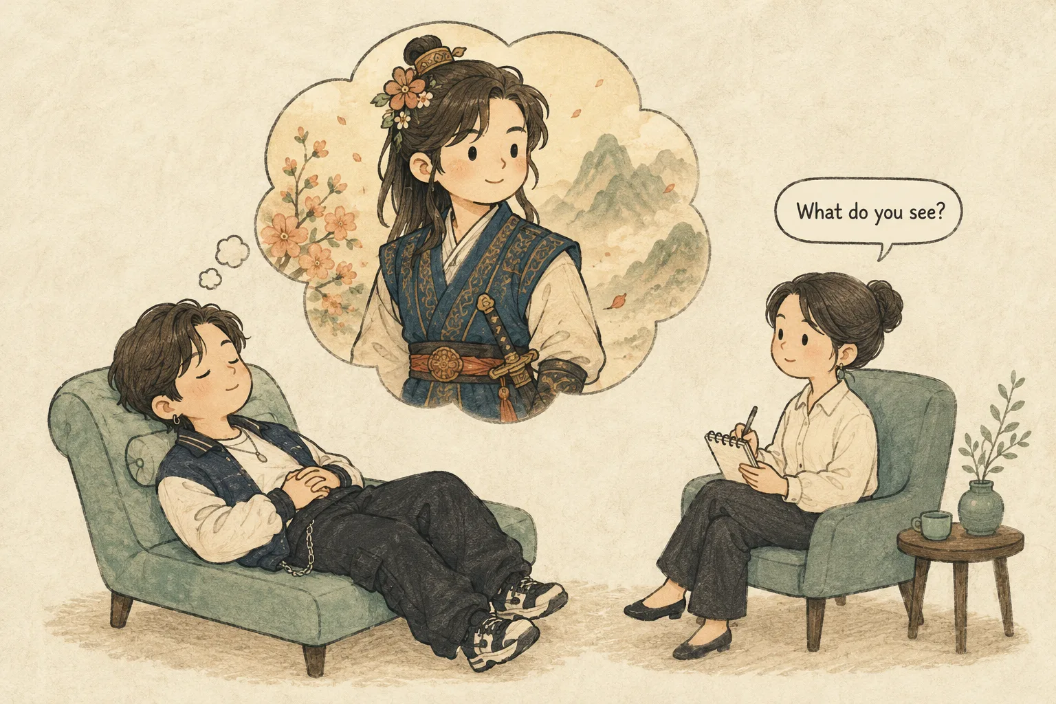A cute illustration: a K-pop idol in past-life regression on a couch, imagining themselves as a Silla hwarang in a thought bubble