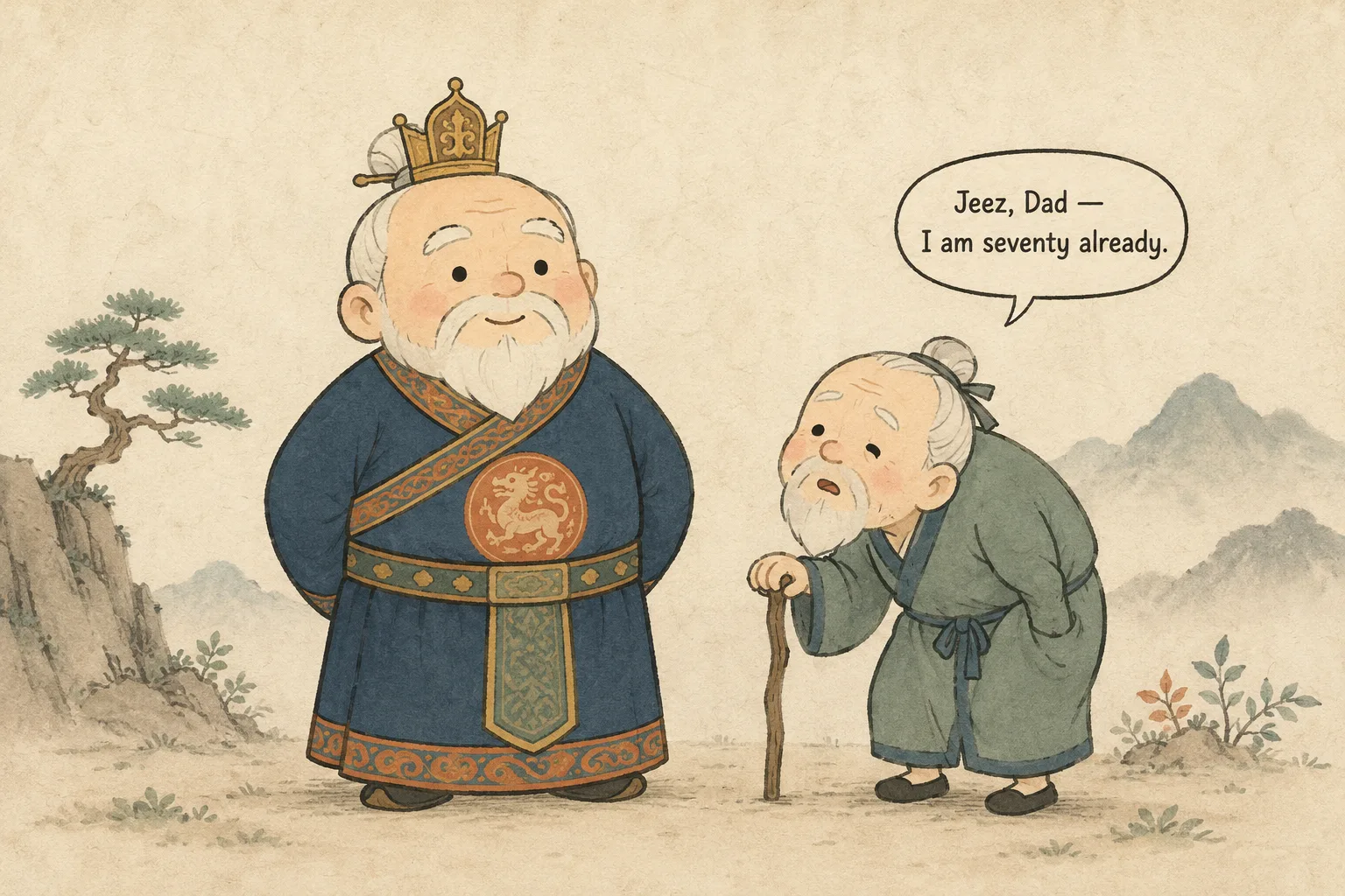 A cute illustration of a robust old King Jangsu beside his frail elderly son, who complains that he is already seventy