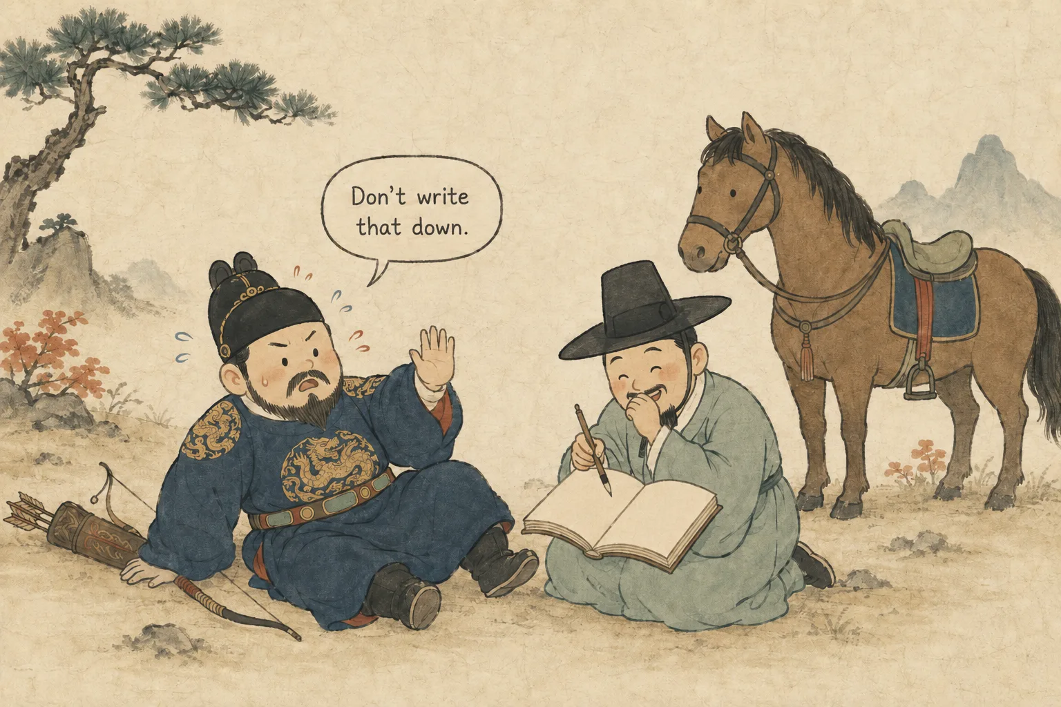 A cute illustration of King Taejong fallen off his horse telling a court historian not to write it down, while the historian gleefully writes it down